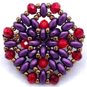 Bronze with Purple and Ruby Red Crystal Beaded Statement Ring Size 8.5